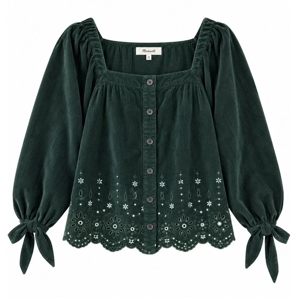 Madewell Green Eyelet Corduroy Button Front Top Women S Excellent